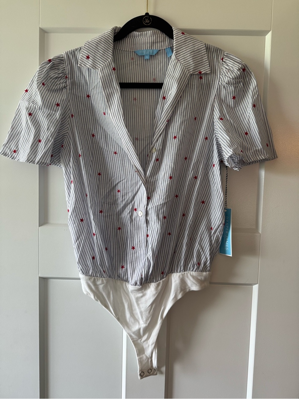 Draper James Blue and White Striped Shirt with Red Star Details